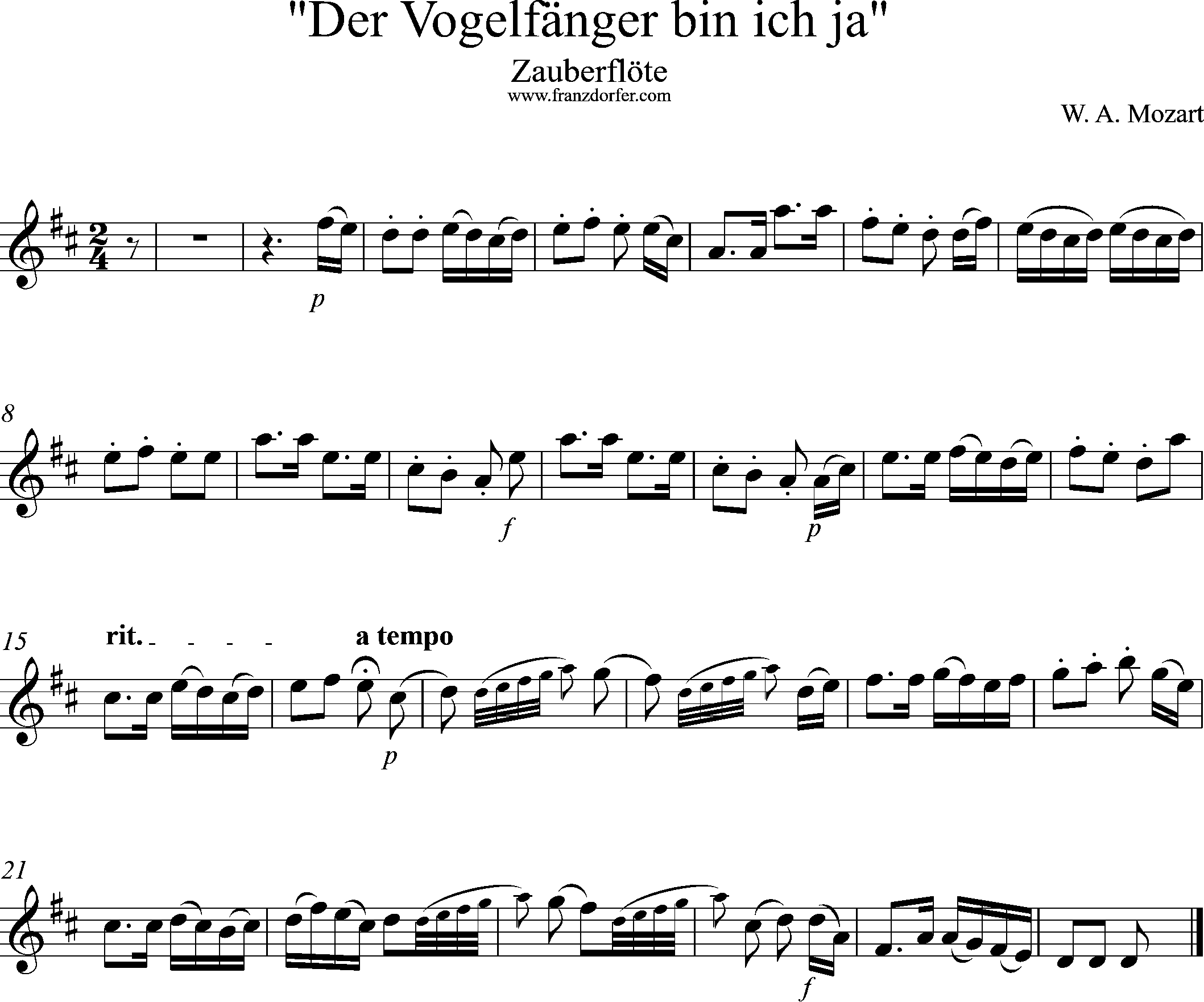 Uauberflöte, Vogelfängerlied, Solostimme, D-Dur